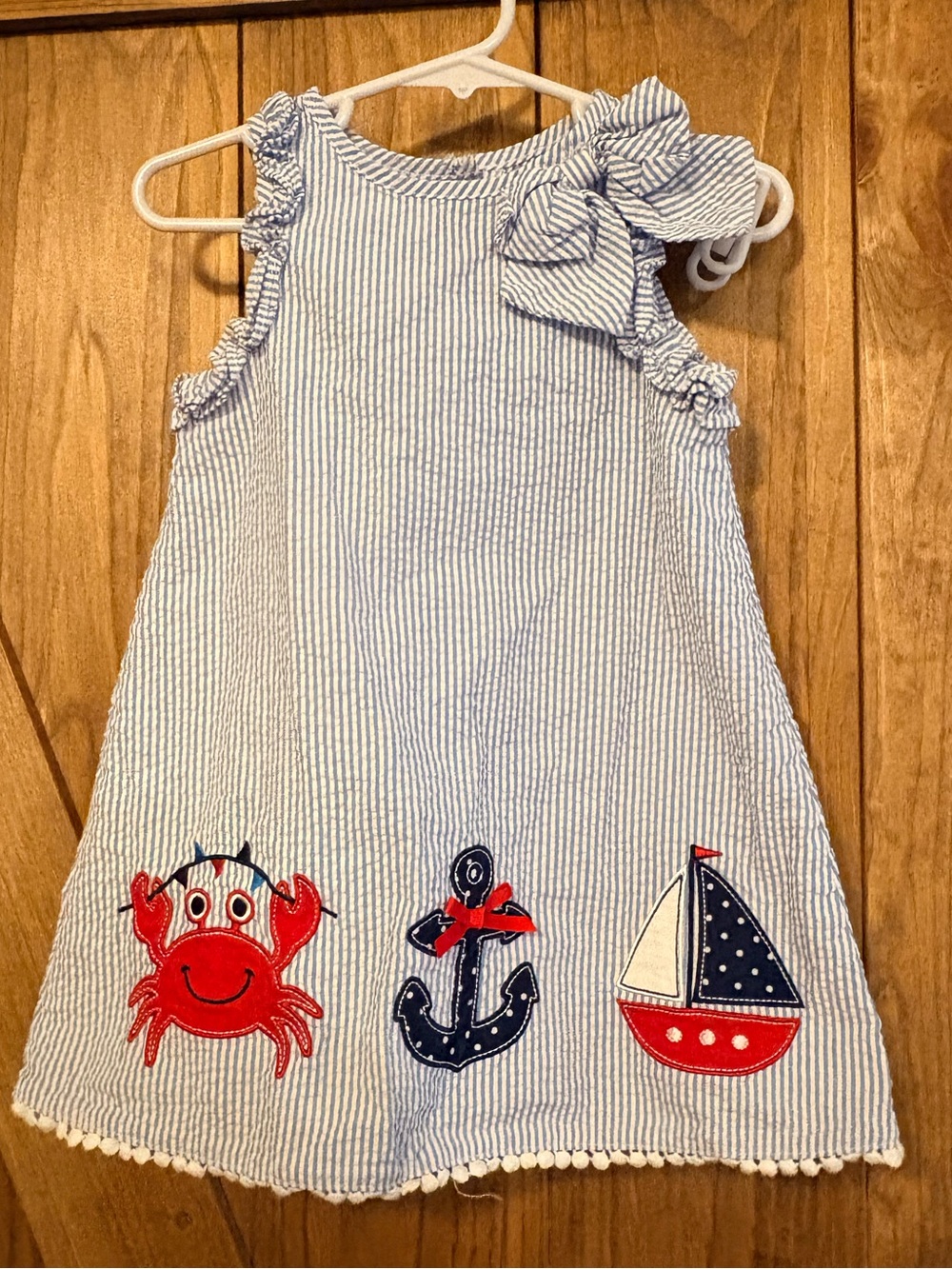 Blue Seersucker Nautical Appliqué Kids Dress with Bow